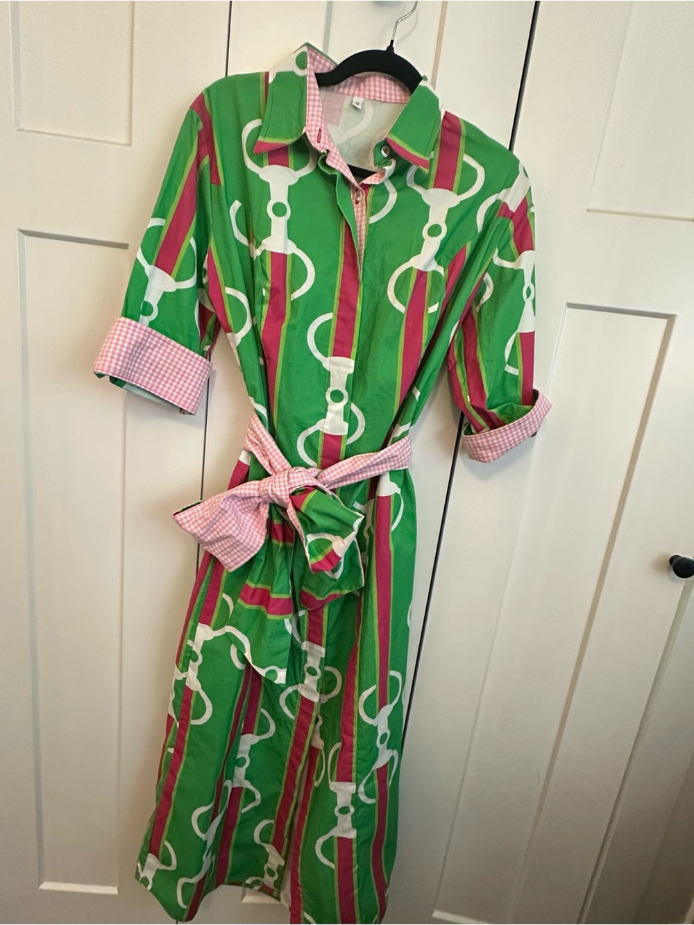 Green & Pink Kentucky Derby Equestrian Patterned Shirt Dress with Gingham Trim